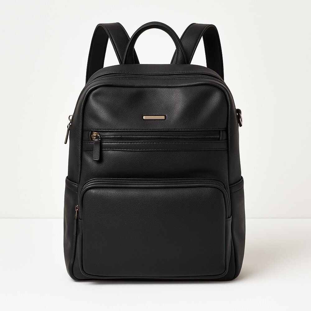 Sleek Black Faux Leather Backpack with Multiple Pockets – Everyday Travel Bag